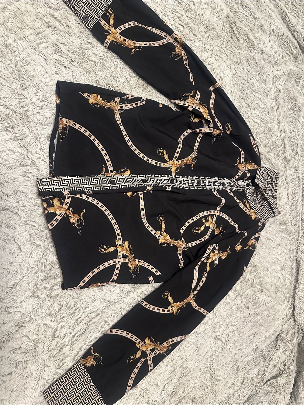 Boohoo Black Blouse with Gold Chain Print